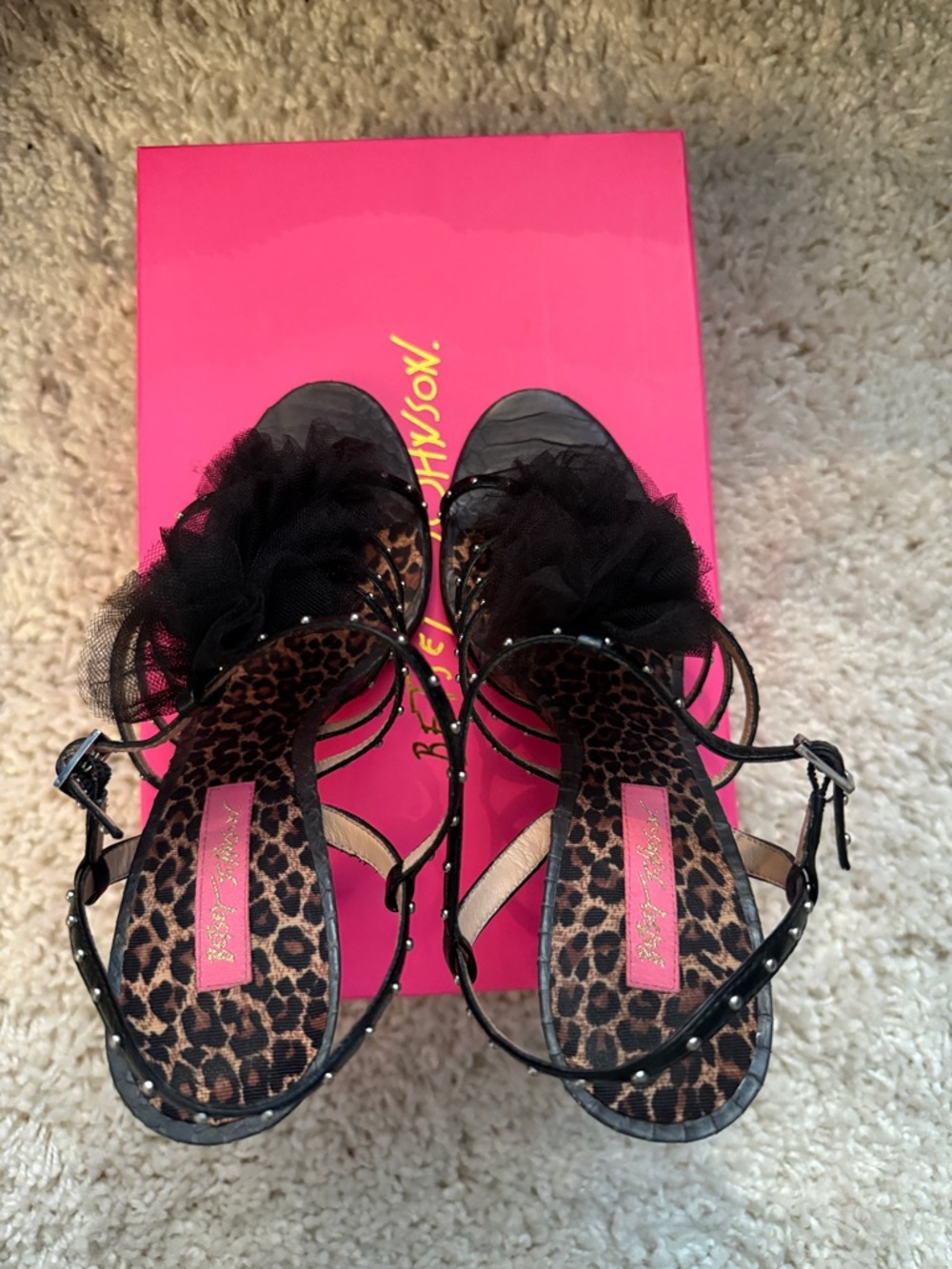 Betsey Johnson Abigail Black Tulle Leopard Insole Studded Strappy Sandals - Picture 4 of 8
